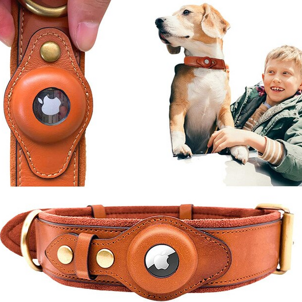 Luxury Leather Dog Collar Adjustable Pet Necklace AirTag Holder Genuine Padded Strap Tag Reflective Design GPS Tracking Accessory for Small Medium Large Cat & Puppy