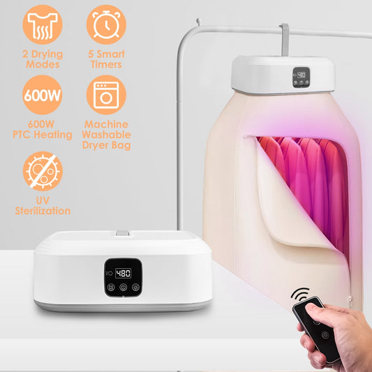 Portable Clothes Dryer, Secadora De Ropa Mini Clothes Drying Machine with Timer & Remote, Fold-able Fast Drying Laundry Device with 2 Modes, Suitable for Apartments, Dorms, RV, and Travel Home